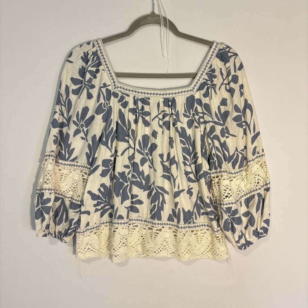 Christian Siriano Top Blue White Floral Bell Sleeve Linen Women M Boho Resort - Picture 8 of 13
